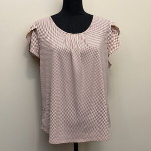 Adrianna Papell Womens L Champagne Dot Blouse Petal Sleeve Round Pleated Neck